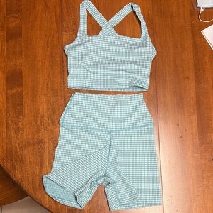 Nike Blue Checkered Dri-FIT bra with matching shorts